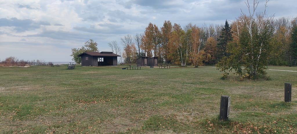 Vault toilets in the picnic area of Zippel Bay State Park