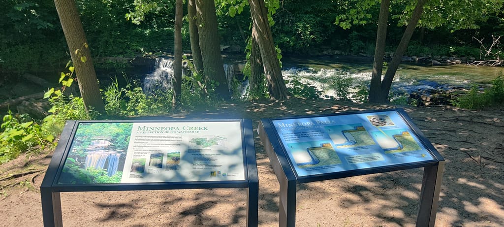 Informational signs near the upper falls at Minneopa State Park in Mankato, MN