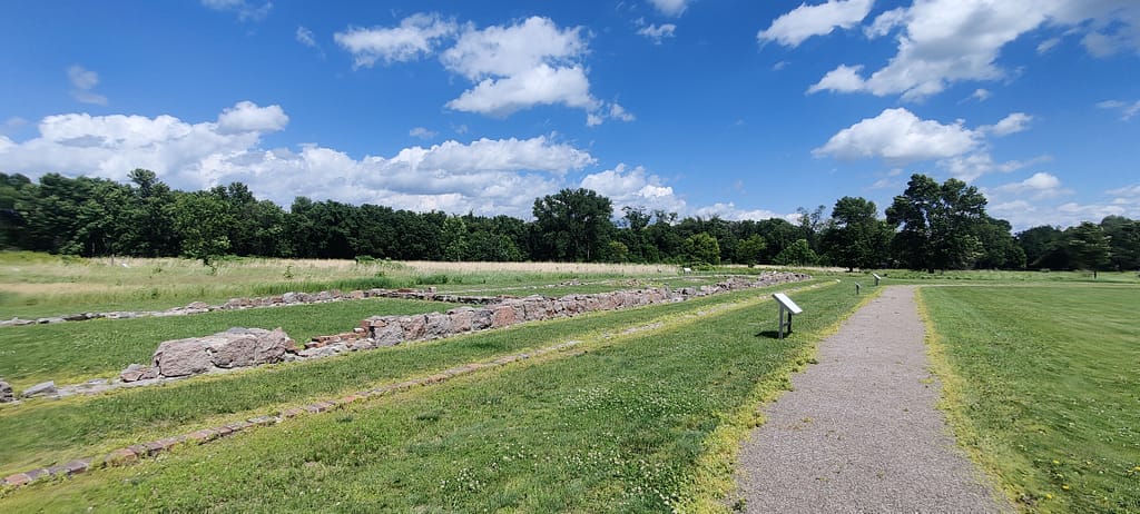 The stone outline of the barracks at Fort Ridgely in Fort Ridgely State Park in Fairfax, MN