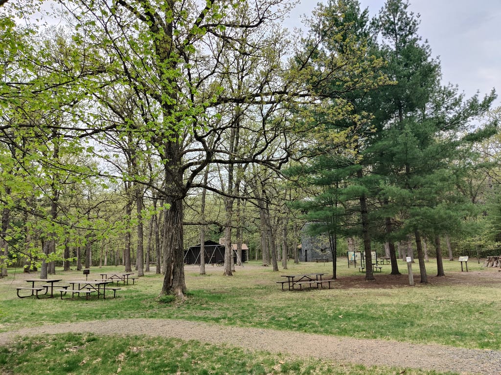 The picnic area with playground at Charles A. Lindbergh State Park in Little Falls, MN