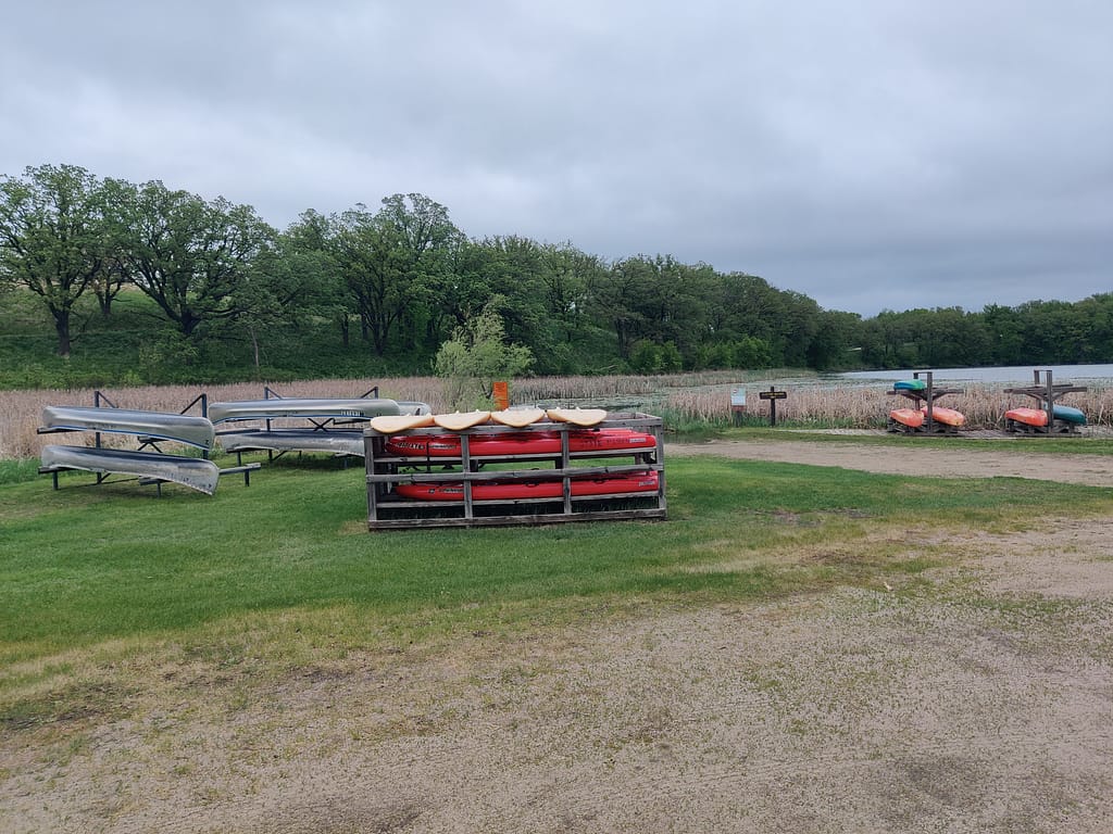 The watercraft for rent near Signalness Lake on High Peak Trail at Glacial Lakes State Park in Starbuck, MN