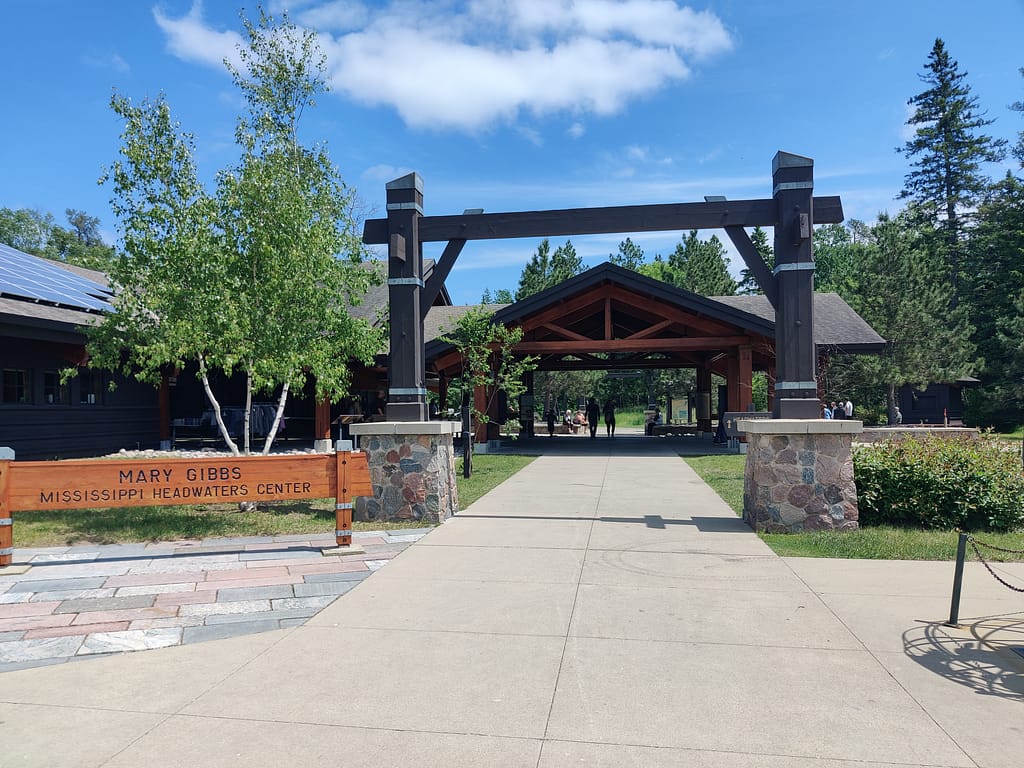 Mary Gibbs Mississippi Headwaters Center entrance at Itasca State Park in Park Rapids, MN