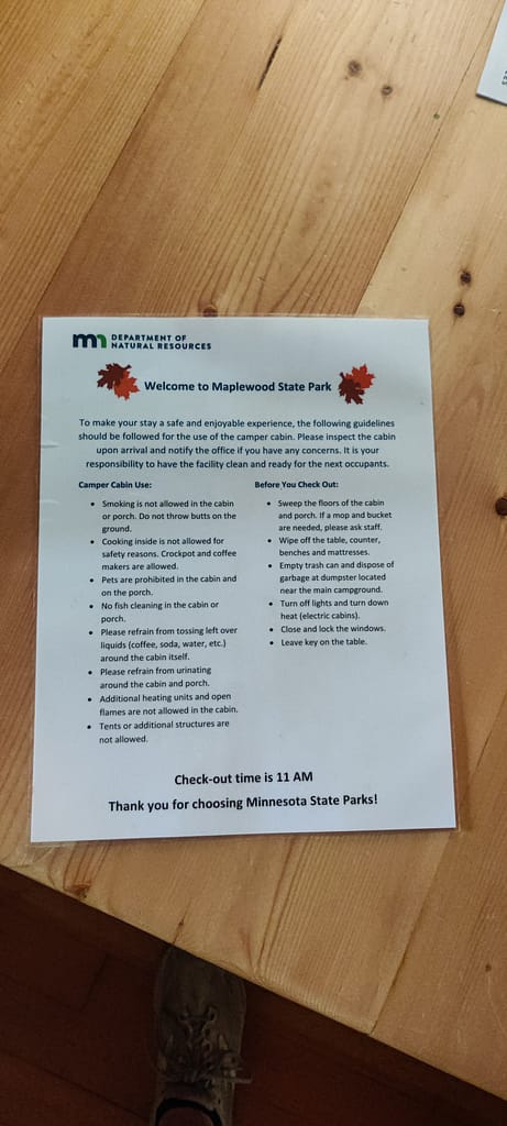 Rules for the cabins at Maplewood State Park in Pelican Rapids, MN
