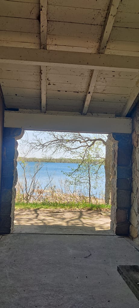 View of Lake Carlos from the picnic shelter at Lake Carlos State Park in Carlos, MN
