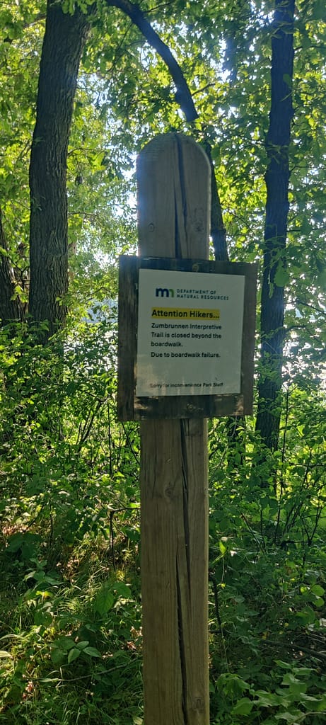 Sign informing of boardwalk closure at Lake Maria State Park in Monticello, MN