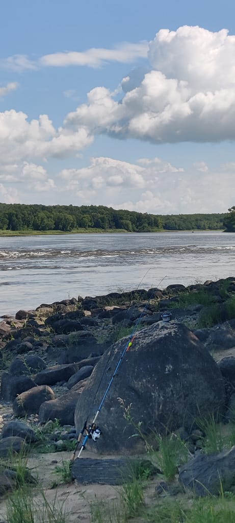 Photo of the lower Sault Rapids from the beach at Franz Jevne State Park in Birchdale, MN