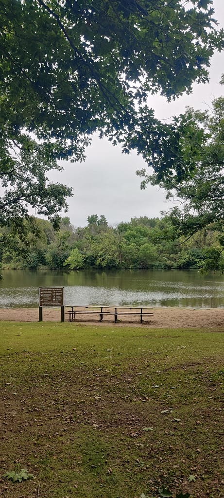 The simming beach in the picnic area at Lake Louise State Park in LeRoy, MN.