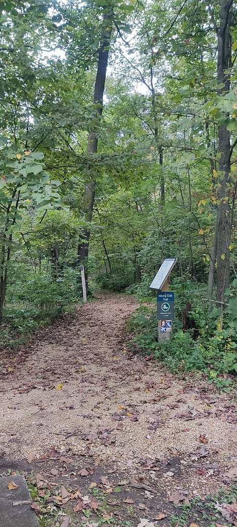 Trailhead behind the pavilion at Lake Louise State Park in LeRoy, MN.