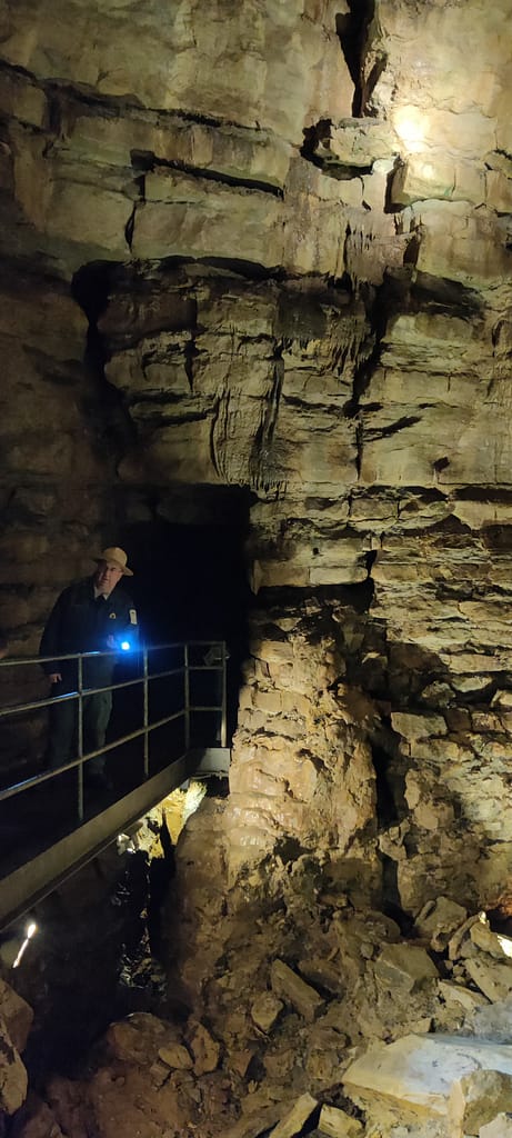 Naturalist sharing information about the formations in Mystery Cave.