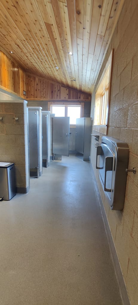 Bathroom stalls in the modern restroom and shower building at Maplewood State Park in Pelican Rapids, MN
