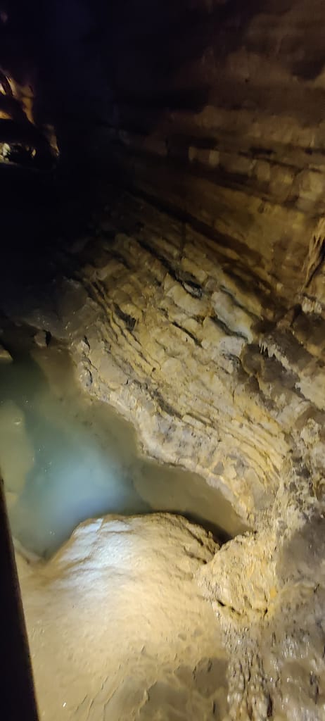 Cloudy water that's home to the only creature that lives in the caves. 