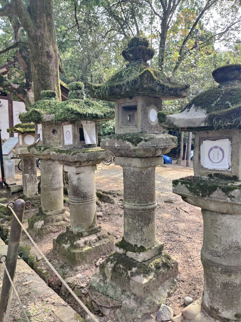 Stone lanterns at Nara Park in Nara, Japan.