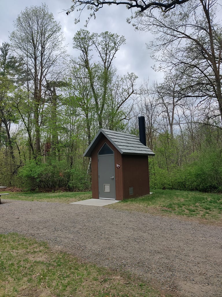 Vaulted toilet in the picnic area at Charles A. Lindbergh State Park in Little Falls, MN