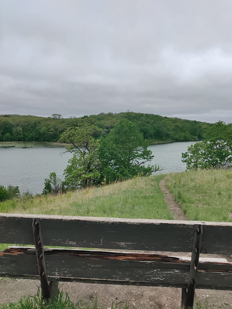 Bench at the top of a large incline on the High Peak Trail at Glacial Lakes State Park in Starbuck, MN