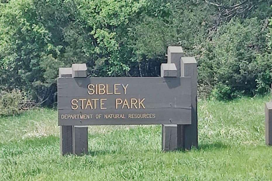 Sign that reads Sibley State Park at Sibley State Park in New London, MN.