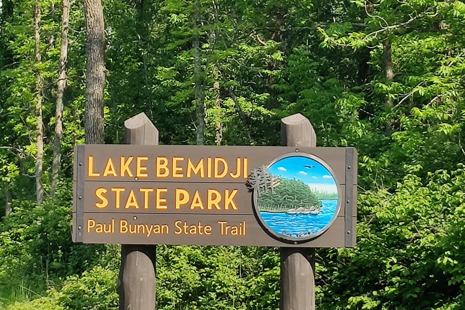 Sign that reads Lake Bemidji State Park in Bemidji, MN